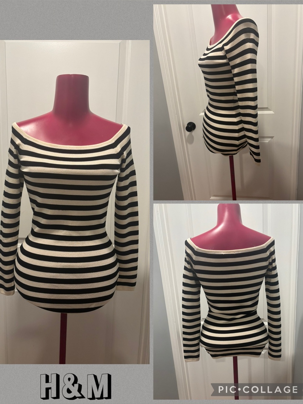 H&M Monochrome Striped Off-Shoulder Top size M